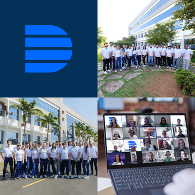 Mosaico de imagens com logo do Datasafer, o time da Datasafer em céu aberto, o time reunido na sede e por último a imagem no computador com as pessoas reunidas em reunião virtual