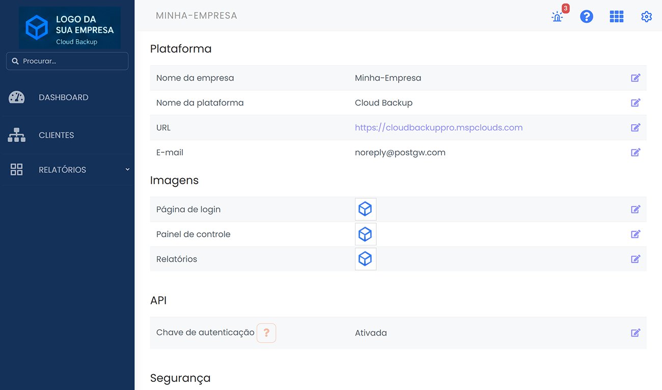 Tela configuracoes - portal msp clouds
