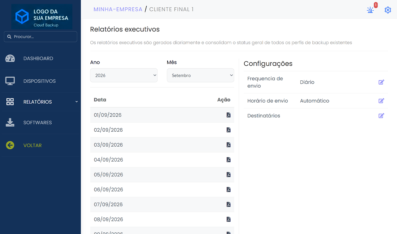 Tela relatorios - portal msp clouds